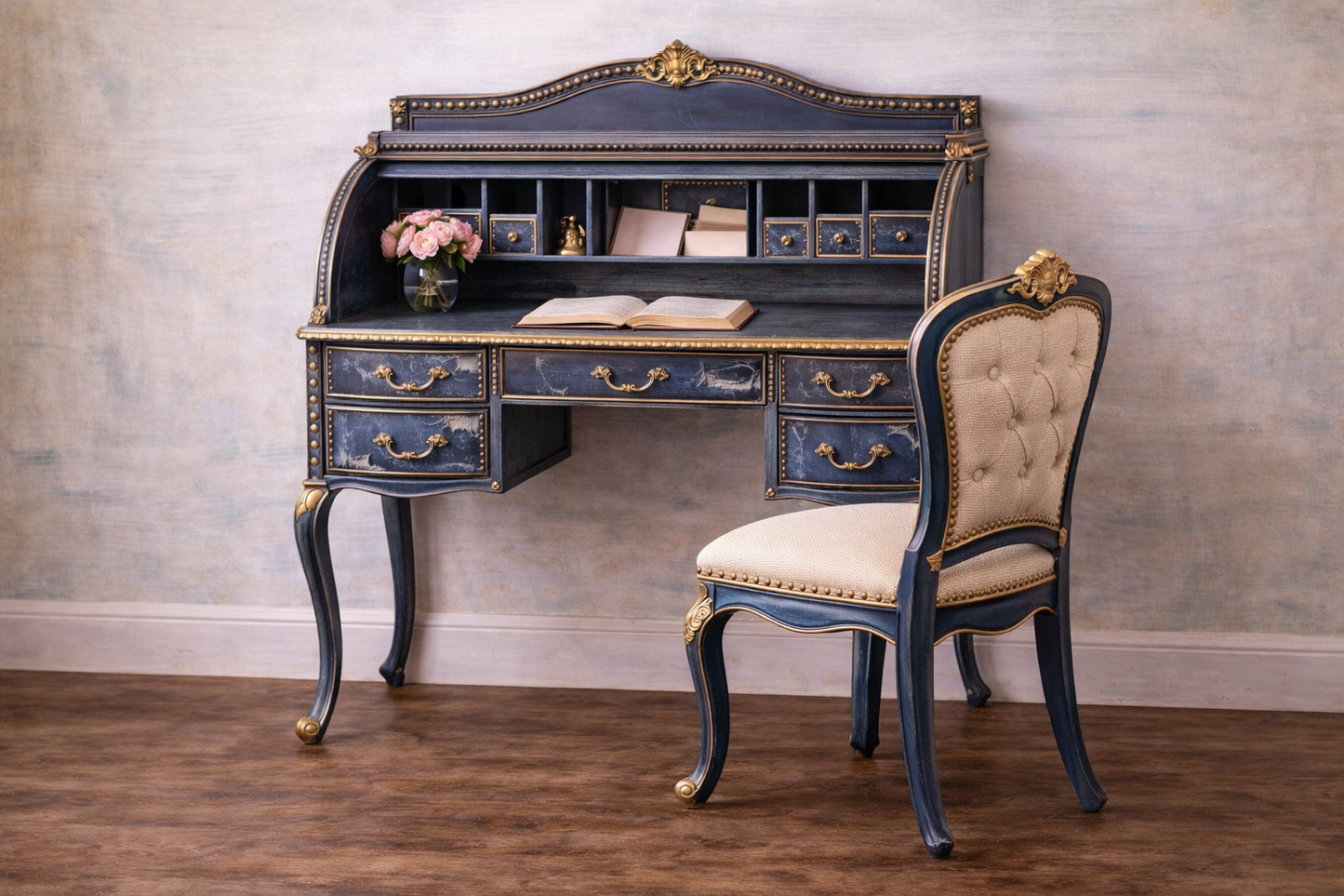 Custom Order Option: Upcycled Antique Rolltop Writer's Desk Torn Denim Retro Home Office Décor
