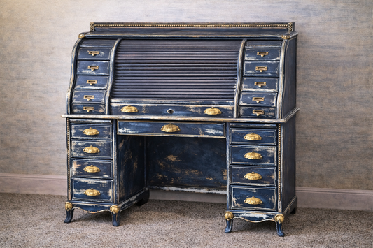 Custom Order Option: Upcycled Antique Rolltop Writer's Desk Torn Denim Retro Home Office Décor