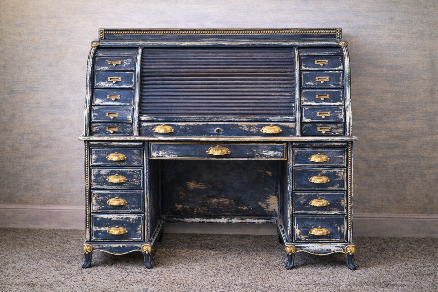 Custom Order Option: Upcycled Antique Rolltop Writer's Desk Torn Denim Retro Home Office Décor