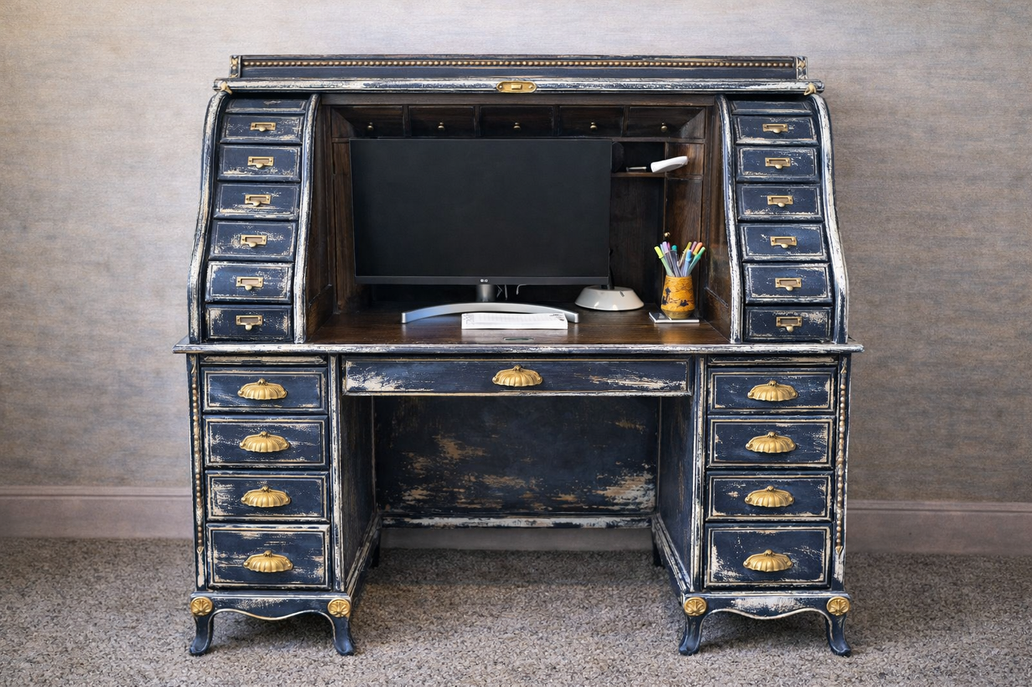 Custom Order Option: Upcycled Antique Rolltop Writer's Desk Torn Denim Retro Home Office Décor