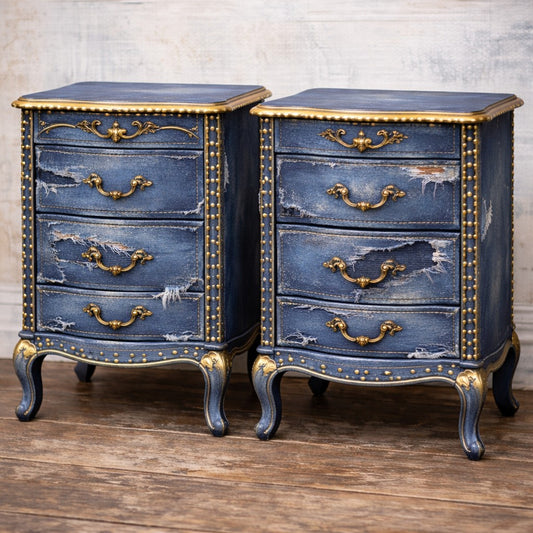 Upcycled Antique Torn Denim Nightstands \| La Vie Nouveau Décor Shoppe