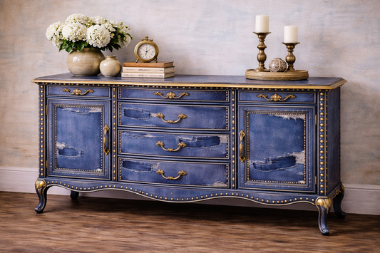Custom Order Option: Upcycled Antique Torn Denim-Themed Vintage Furniture Set- Side Buffet Dining Room Storage Retro Home Décor