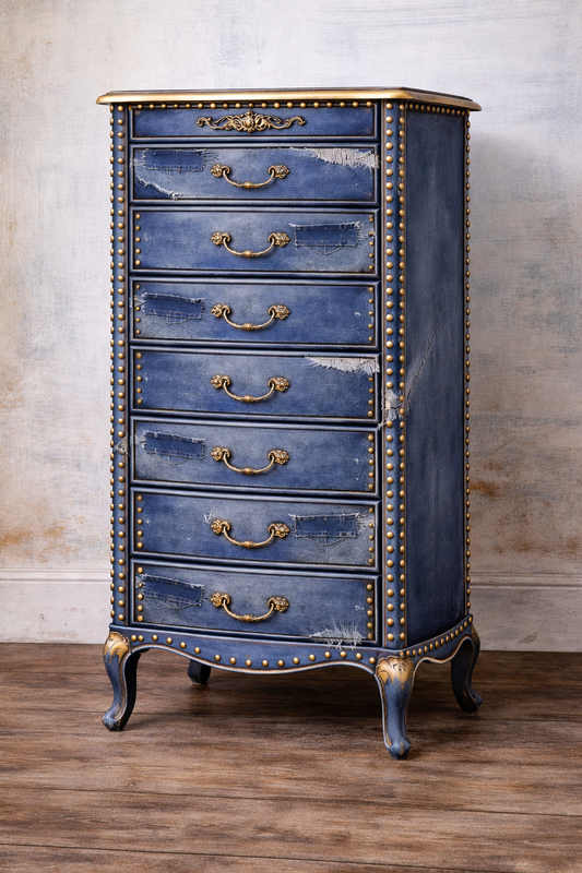 Blue dresser with gold accents against a neutral wall. Upcycled Antique Torn Denim Tall Dresser \| La Vie Nouveau Décor Shoppe