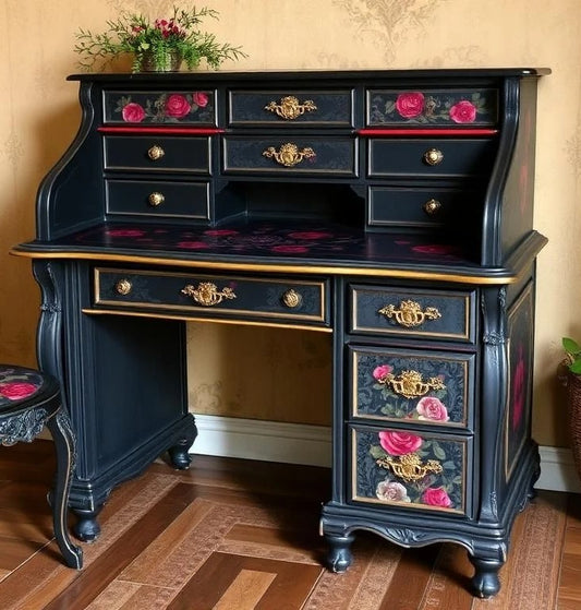 Custom Order Option: Upcycled Antique Rolltop Writer's Desk Dark Gothic Rose Retro Home Office Décor Vintage
