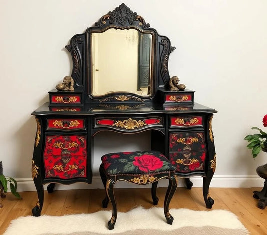 Custom Order Option: Upcycled Antique Retro Dark Gothic Rose Vanity w/Mirror Make-Up Vintage Home Salon Décor Dressing Table Boudoir