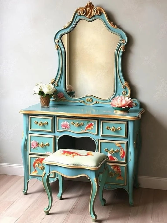 Custom Order Option: Upcycled Antique Retro Lotus Flower Koi Fish Vanity w/Mirror Make-Up Vintage Home Salon Décor Dressing Table Boudoir