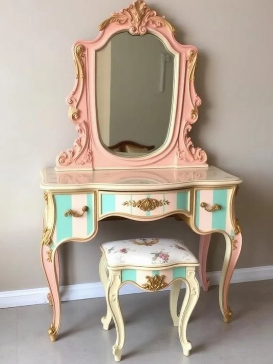 Custom Order Option: Upcycled Antique Retro Cottage Peach Vanity w/Mirror Make-Up Vintage Home Salon Décor Dressing Table Boudoir