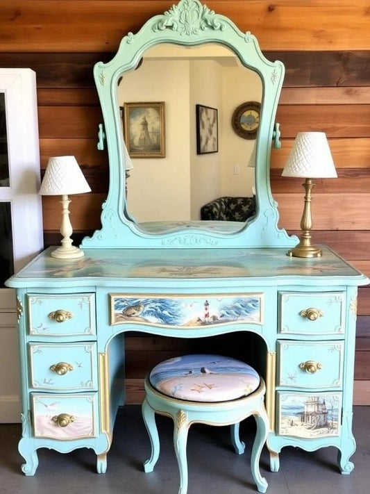 Custom Order Option: Upcycled Antique Retro Beach Lighthouse Vanity w/Mirror Make-Up Vintage Home Salon Décor Dressing Table Boudoir