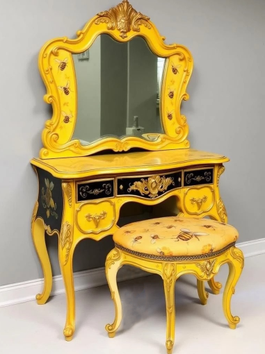 Custom Order Option: Upcycled Antique Retro Beehive Honeycomb-Themed Vanity w/Mirror Vintage Home Salon Decor Dressing Table Boudoir Beauty