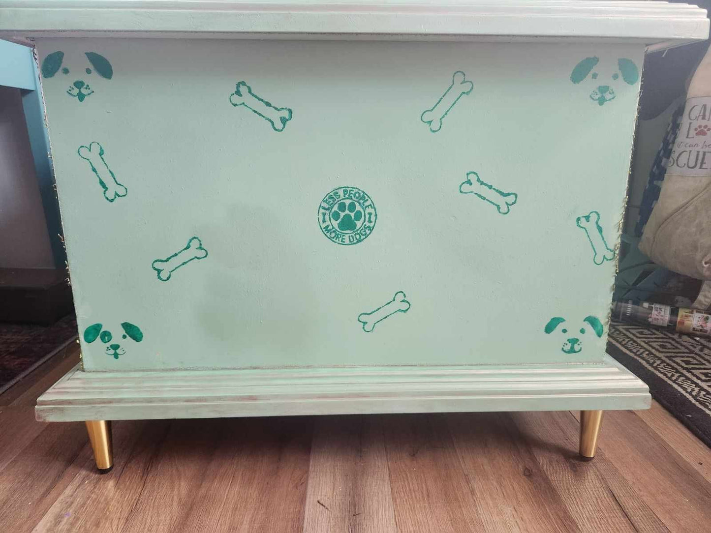 custom order option: Delightful Dog House Den, End-Side Table, Green Vines & Curtains, Pup Graffiti Art, S-M Sized Dogs, Unique Hand-Painted