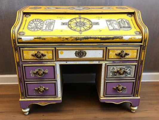 Custom Order Option: Antique Rolltop Writers Desk LGBTQ2+ Pride Nonbinary Flag Colors Retro Receptionist Art Vintage Home Study Office Decor