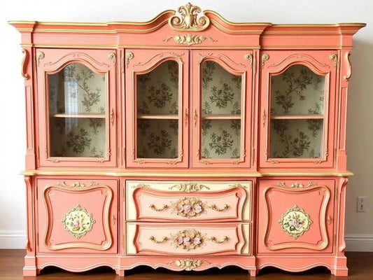 Custom Order Option: Upcycled Antique Retro Cottage Peach-Themed Vintage Furniture Set- Buffet China Hutch Dining Room Rose Gold Home Decor