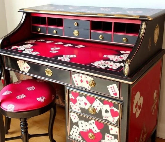 Custom Order Option: Upcycled Antique Rolltop Writer's Desk Retro Hearts Playing Cards Art Home Study Office Decor Vintage Receptionist