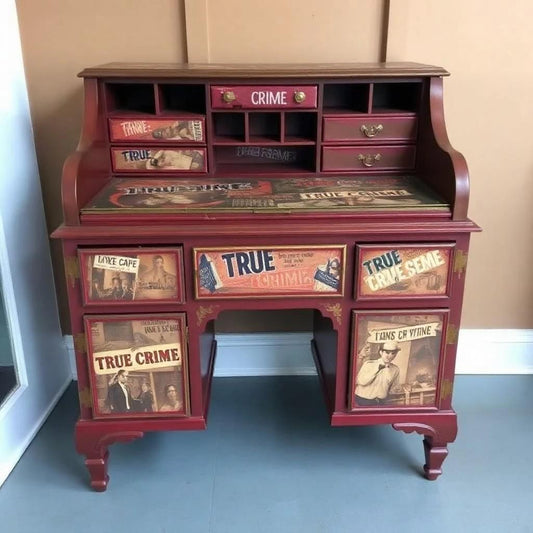 Custom Order Option: Antique Roll-Top Writer's Desk True Crime Lover Art Vintage Home Study Office Decor, Dark Academia (style#1 non-bloody)