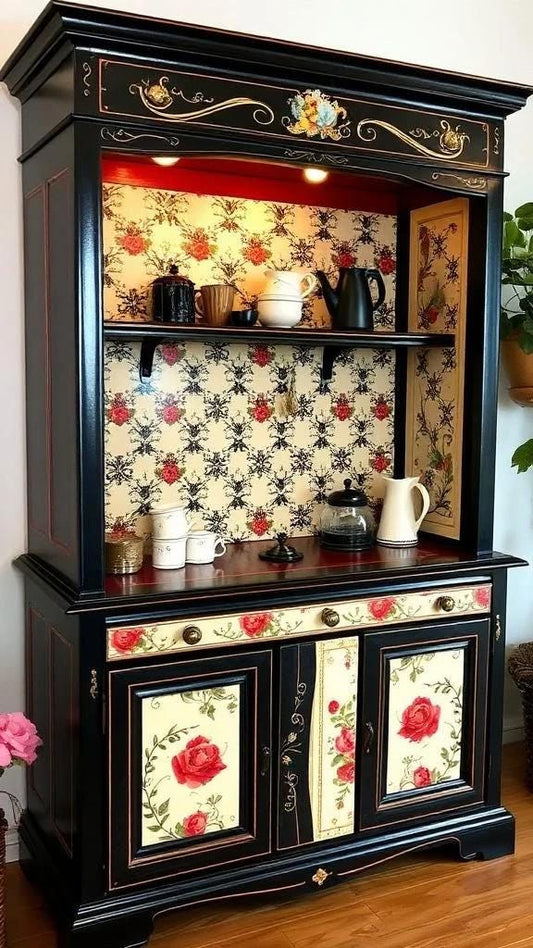 Custom Order Option: Antique Upcycled Armoire Coffee Hutch Tea Nook Beverage Bar Java Station Storage Dining Room Cabinet - Black