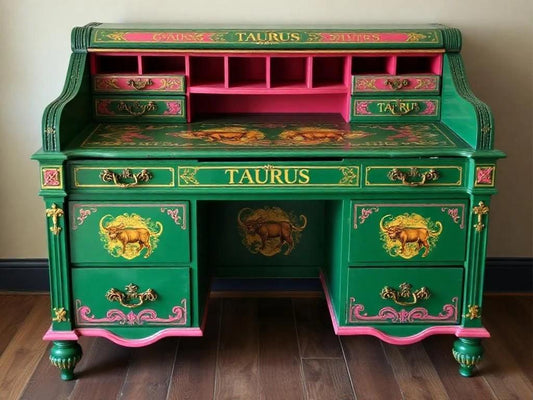 Custom Order Option: Antique Roll-Top Writer Desk Astrology Zodiac Sign Taurus Colors Art Retro Receptionist Vintage Home Study Office Decor