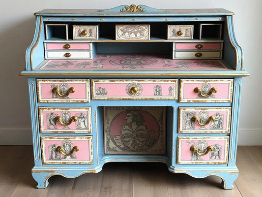 Custom Order Option: Antique Roll-Top Writer's Desk LGBTQ2+ Pride Trans Flag Colors Retro Receptionist Art Vintage Home Study Office Decor