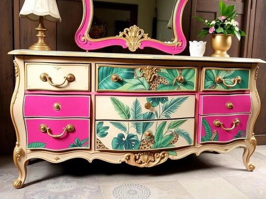 Custom Order Option: Upcycled Antique Retro Pink Tropical Leopard-Themed Vintage Bedroom Furniture Set- Wide Dresser Drawers Home Decor