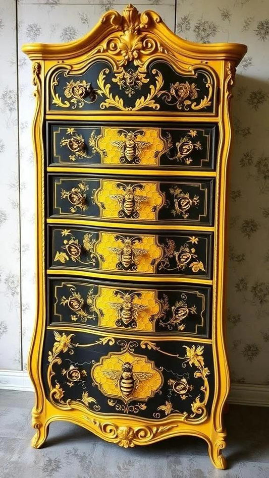 Custom Order Option: Antique Beehive Honeycomb-Themed Yellow & Black Upcycled Vintage Bedroom Furniture Set- Tall Dresser, Unique Home Decor