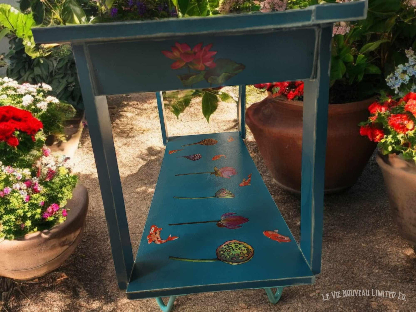 Custom Order Option: Floating Lotus & Koi Coffee Table Book Shelf, Vibrant Blue-Green Color, Metallic-Aqua Edge Upcycled Furniture Art