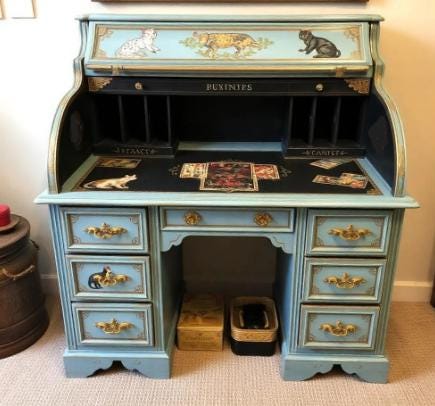 Custom Order Option: Antique Roll-Top Writer's Desk Mystic Cat Art, Divination Tarot Reader Vintage Receptionist Home Office Decor