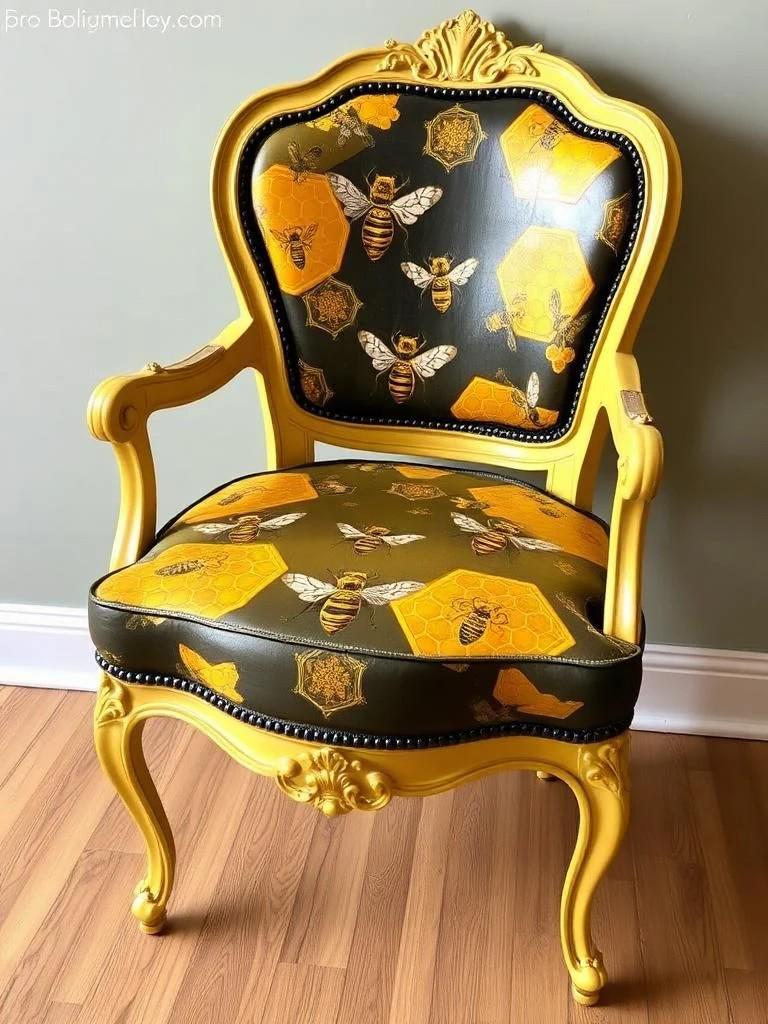 Custom Order Option: Antique Beehive Honeycomb-Themed Yellow & Black Upcycled Vintage Bedroom Furniture Set- Painted Decoupage Accent Chair
