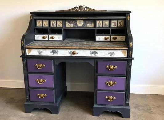 Custom Order Option: Antique Roll-Top Writer's Desk LGBTQ2+ Pride Asexual Flag Colors Retro Receptionist Art Vintage Home Study Office Decor