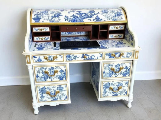Custom Order Option: Antique Rolltop Writers Desk Blue & White China, Chinoiserie Retro Florist Receptionist Vintage Home Study Office Decor
