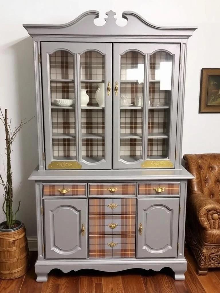 Custom Order Option: Upcycled Antique Sassenach Plaid-Theme Vintage Furniture Set- Buffet China Hutch Dining Scottish Highlands Clan Tartan