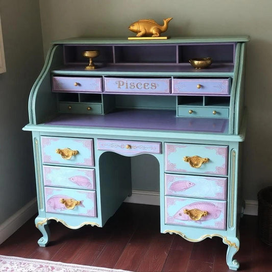Custom Order Option: Antique Rolltop Writer's Desk Astrology Zodiac Sign Pisces Fish Colors Art Retro Vintage Home Study Office Decor