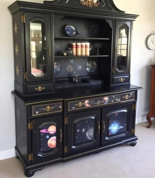 Custom Order Option: Upcycled Antique Galaxy-Themed Art Vintage Furniture Set- Buffet China Hutch Dining Room Retro Home Decor