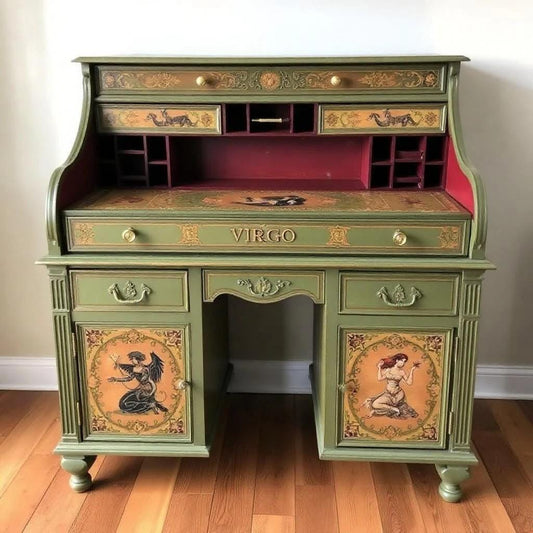 Custom Order Option: Antique Roll-Top Writers Desk Astrology Zodiac Sign Virgo Color Art Retro Receptionist Vintage Home Study Office Decor