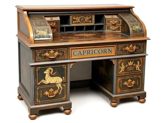 Custom Order Option: Antique Rolltop Writer's Desk Astrology Zodiac Sign Capricorn Goat Colors Art Retro Vintage Home Study Office Decor