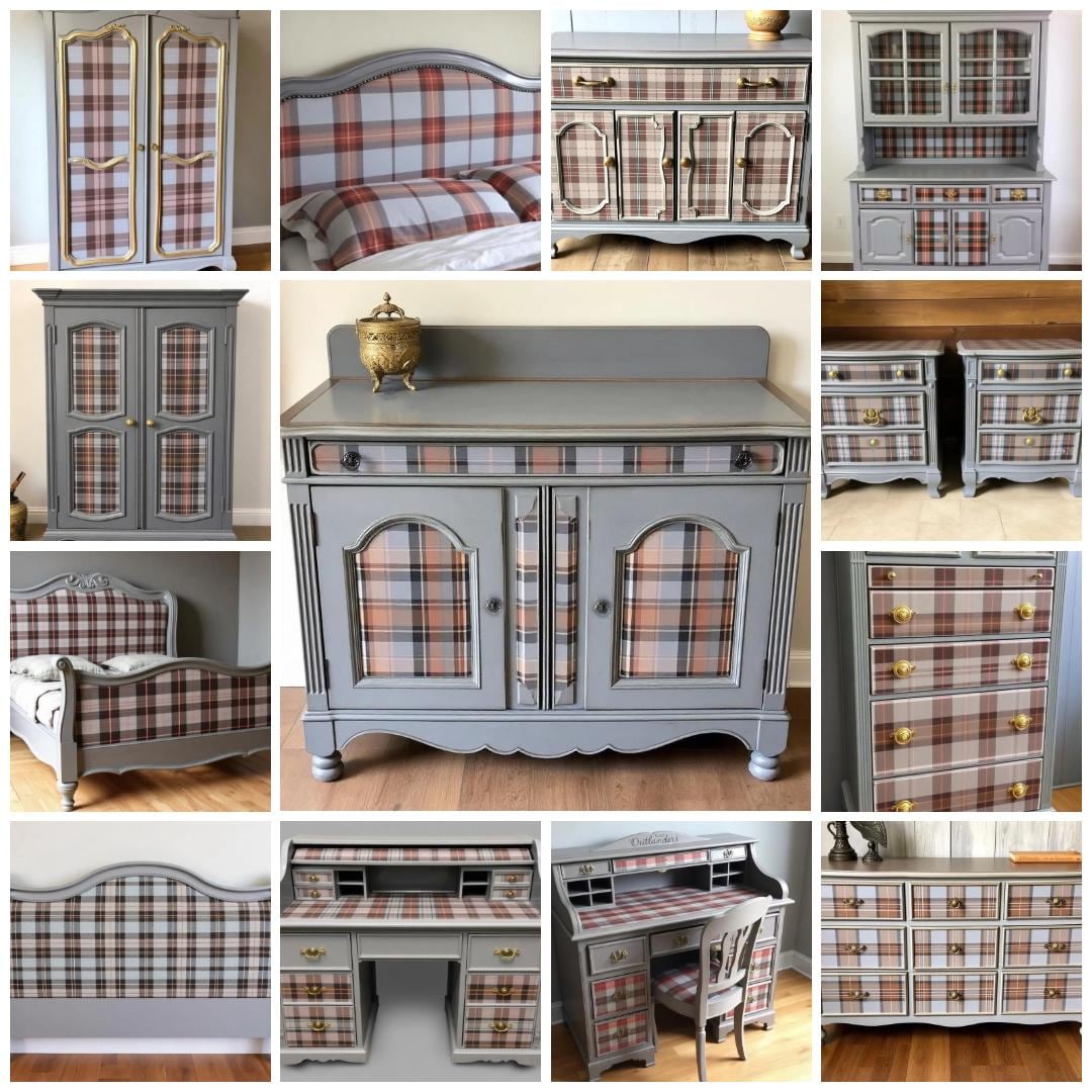 Collage of furniture pieces with plaid patterns and gray finishes. Upcycled Antique Sassenach Plaid Nightstands \| La Vie Nouveau Décor Shoppe