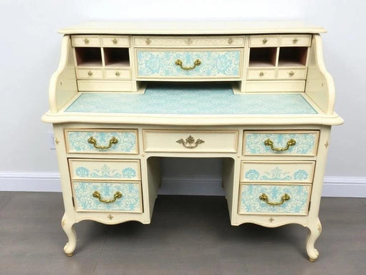 Custom Order Option: Upcycled Antique Rolltop Writer's Desk Aqua Lace & Cream Art Retro Home Study Office Decor Vintage Receptionist