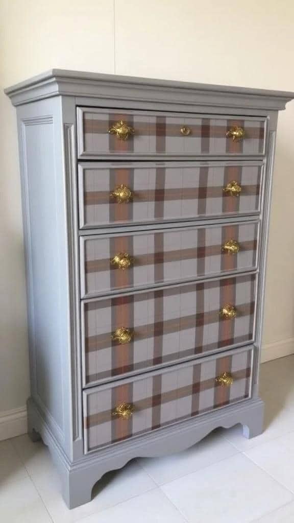 Gray dresser with plaid patterned drawers on a white background. Upcycled Antique Sassenach Plaid Tall Dresser \| La Vie Nouveau Décor Shoppe