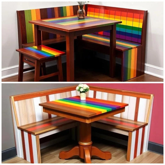 Custom Order Option: Upcycled Antique Corner Breakfast Nook Dining Table Set w/ Side Bench Option Vintage Home Decor LGBTQ+ Pride Flag Art