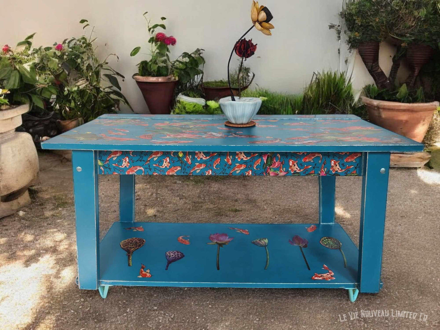 Custom Order Option: Floating Lotus & Koi Coffee Table Book Shelf, Vibrant Blue-Green Color, Metallic-Aqua Edge Upcycled Furniture Art