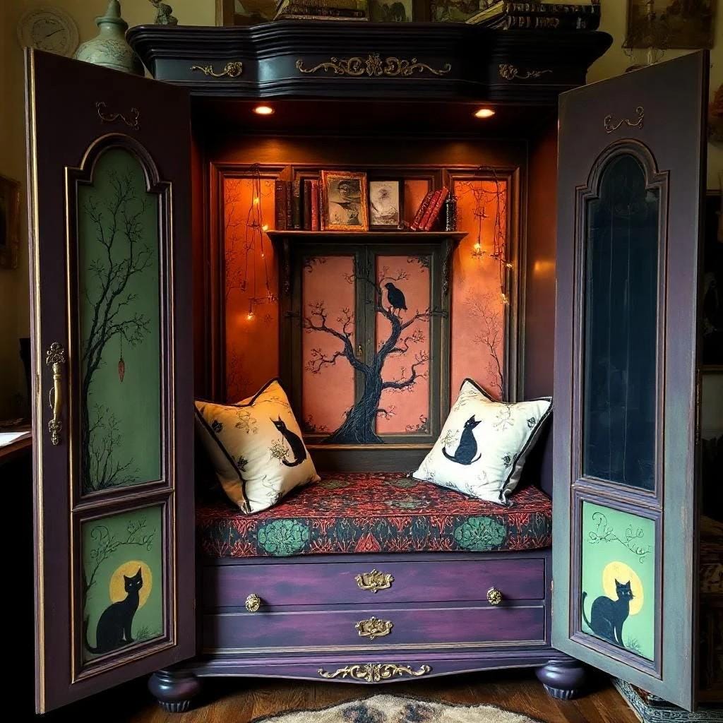 Decorative wooden cabinet with open doors, featuring artistic designs and cushions. Upcycled Antique Witchy Cat Moon Armoire Reading Nook \| La Vie Nouveau Décor Shoppe
