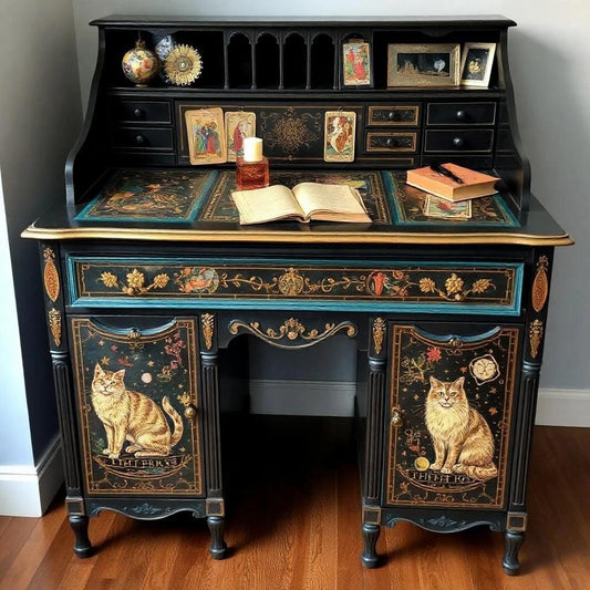 Custom Order Option: Antique Roll-Top Writer's Desk Mystic Cat Art, Divination Tarot Reader Vintage Receptionist Home Office Decor