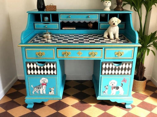 Custom Order Option: Antique Roll-Top Writer's Desk Pet Boutique Dog Groomer Shop Receptionist Poodle Art Vintage Home Study Office Decor