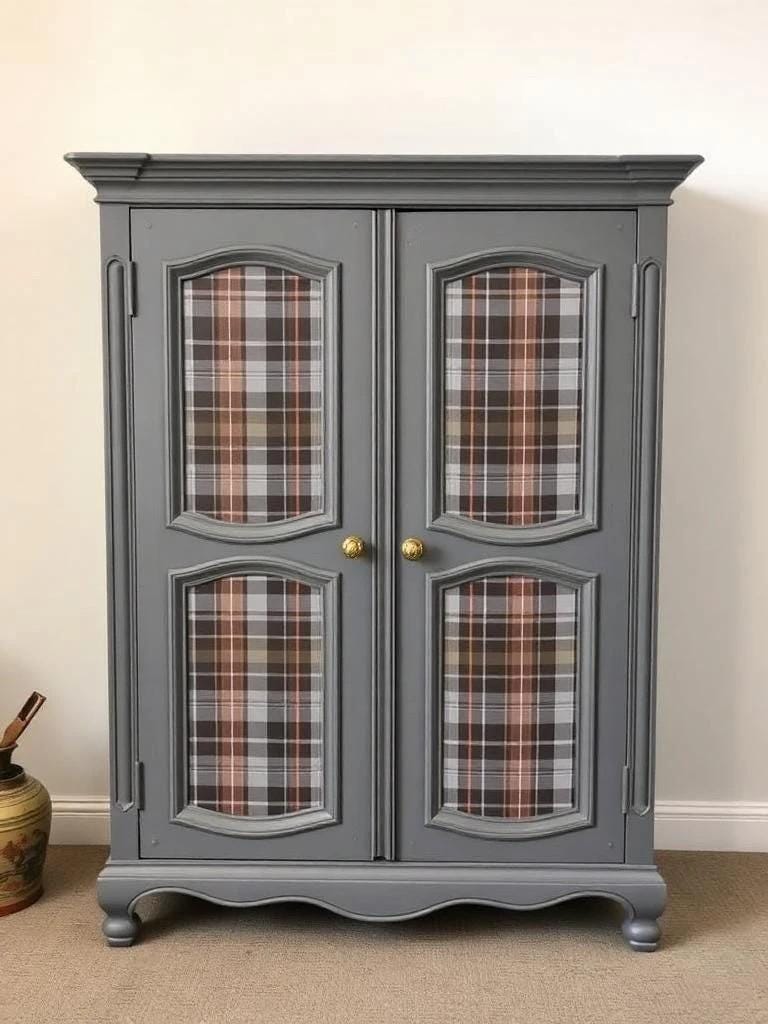 Gray cabinet with plaid glass panels on a beige wall background. Upcycled Antique Sassenach Plaid Wardrobe Armoire \| La Vie Nouveau Décor Shoppe