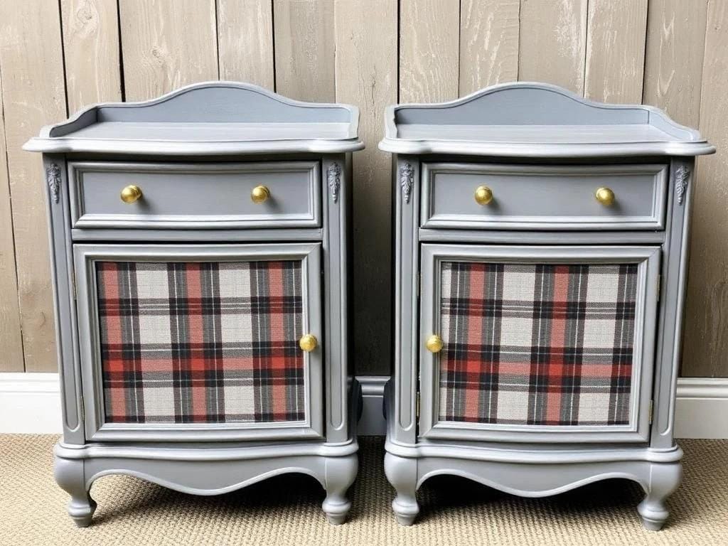 Pair of gray nightstands with plaid doors against a wooden wall. Upcycled Antique Sassenach Plaid Nightstands \| La Vie Nouveau Décor Shoppe