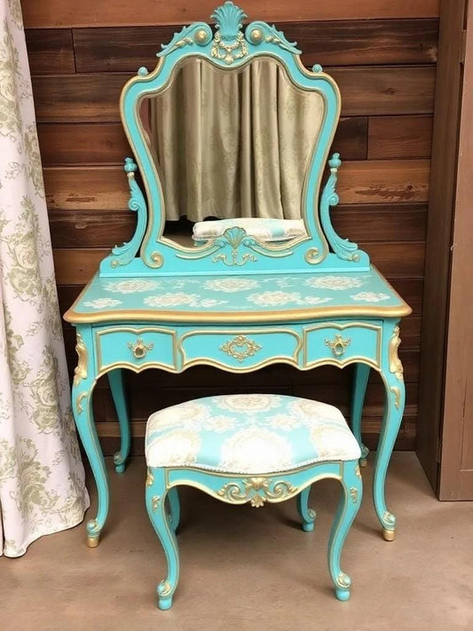 Custom Order Option: Upcycled Antique Retro Cream Lace & Turquoise Vanity w/Mirror Make-Up Vintage Home Salon Decor Dressing Table Boudoir