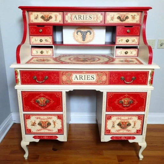 Custom Order Option: Antique Roll-Top Writer's Desk Astrology Zodiac Sign Aries Color Art Retro Receptionist Vintage Home Study Office Decor
