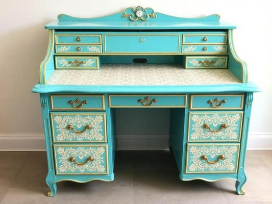 Custom Order Option: Upcycled Antique Rolltop Writer's Desk, Cream Lace & Turquoise Art Retro Home Study Office Decor Vintage Receptionist