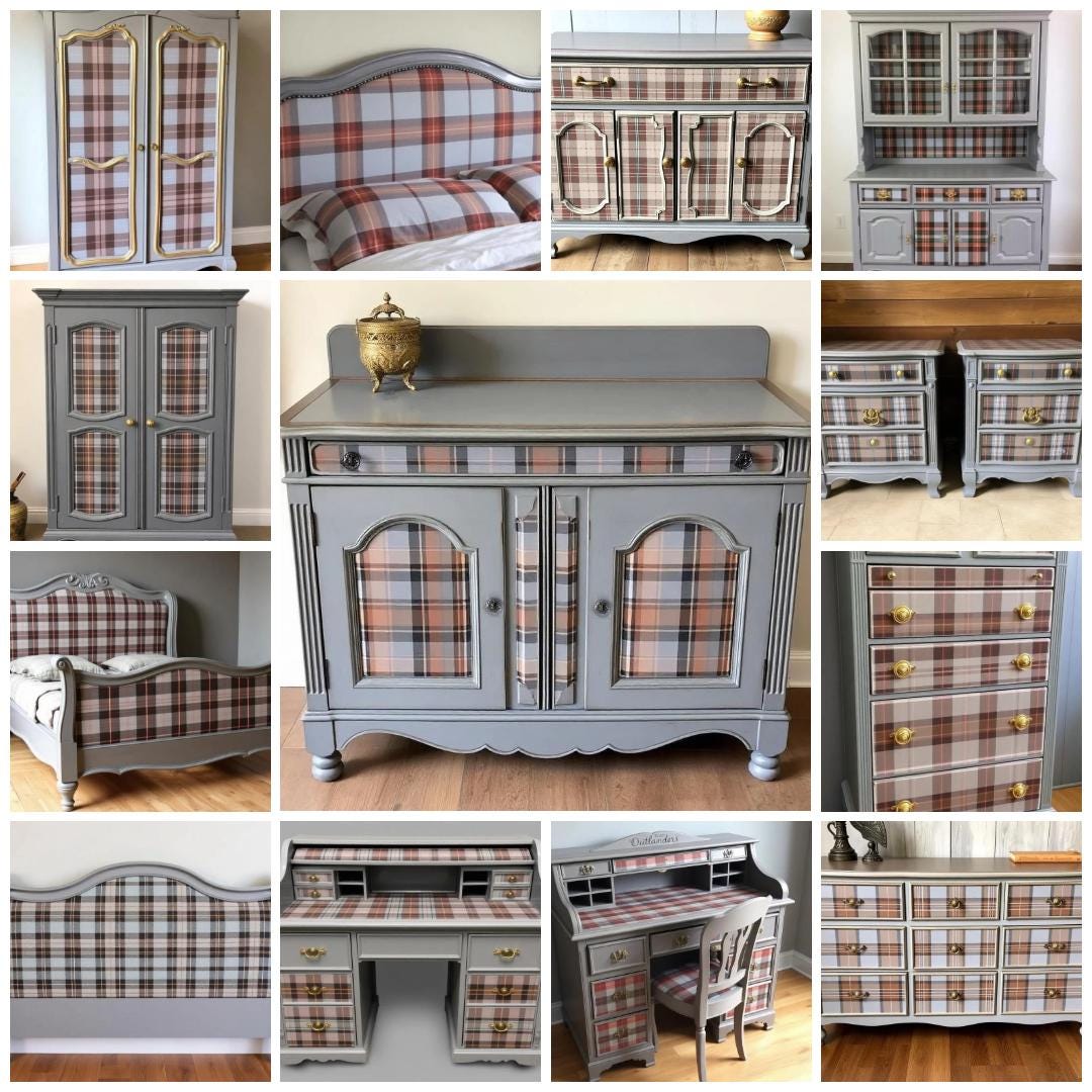 Custom Order Option: Upcycled Antique Sassenach Plaid-Theme Vintage Furniture Set- Buffet China Hutch Dining Scottish Highlands Clan Tartan