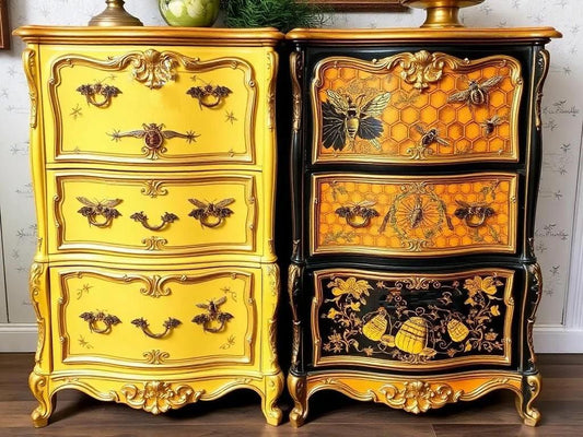 Custom Order Option: Antique Beehive Honeycomb-Themed Yellow & Black Upcycled Vintage Bedroom Furniture Set- Pair of Nightstands Home Decor