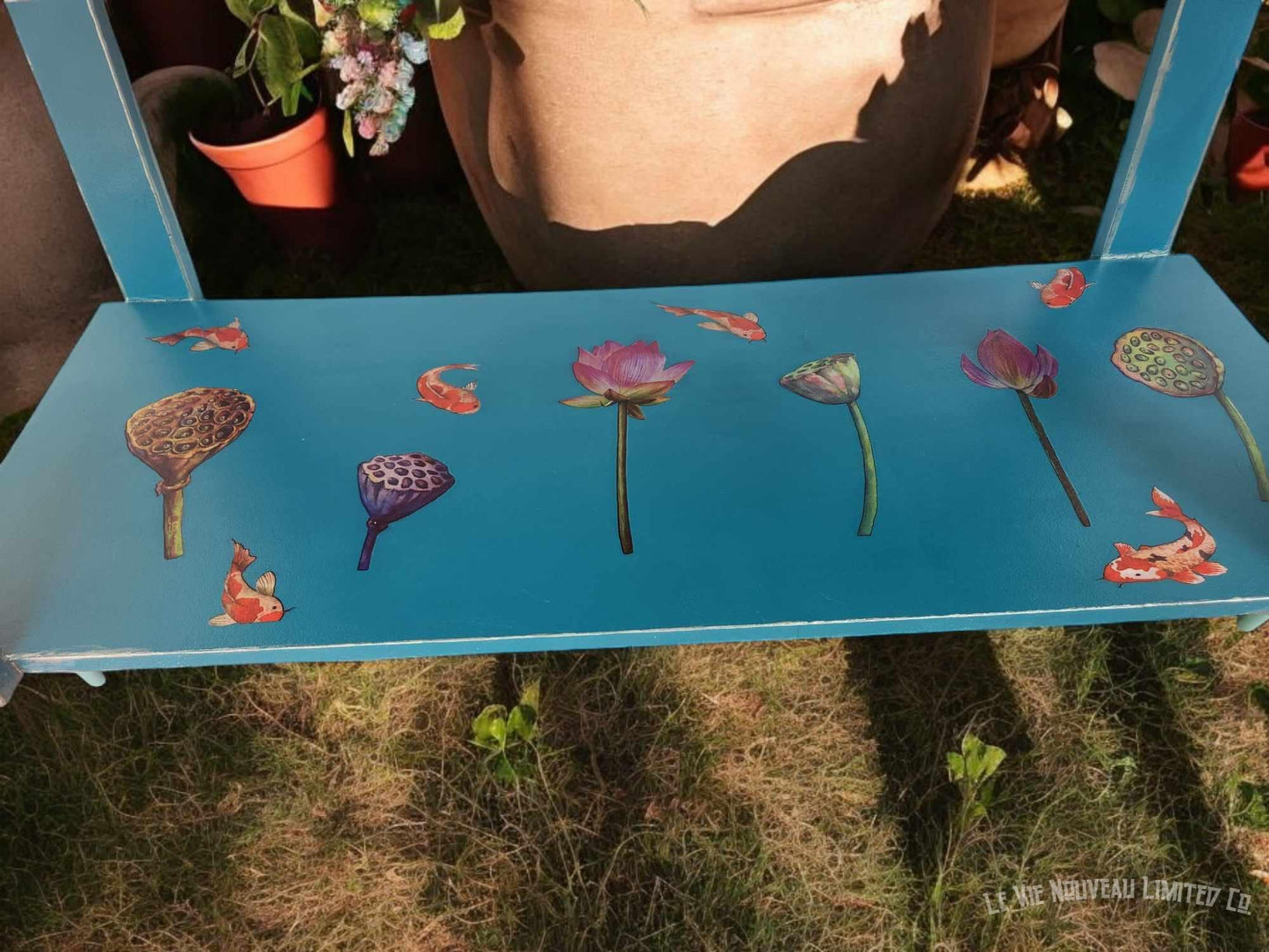 Custom Order Option: Floating Lotus & Koi Coffee Table Book Shelf, Vibrant Blue-Green Color, Metallic-Aqua Edge Upcycled Furniture Art