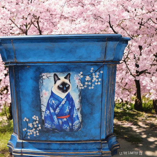 Custom Order Option: Hand Painted Blue Siamese Art Cat Bed, Cat House, Home Decor, Cat Lover Gift, Accent End Table w/Drawer, Vintage 70s
